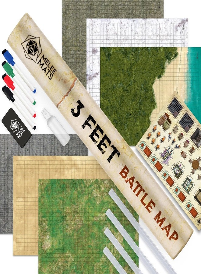 Melee Mats مجموعة خرائط بداية لعبة Dungeons and Dragons (D&D) - 24 بوصة × 36 بوصة، 3 قطع، وجهان، قابلة للمسح الجاف والرطب - مجموعة ألعاب لوحية مع ملحقات - Image 1